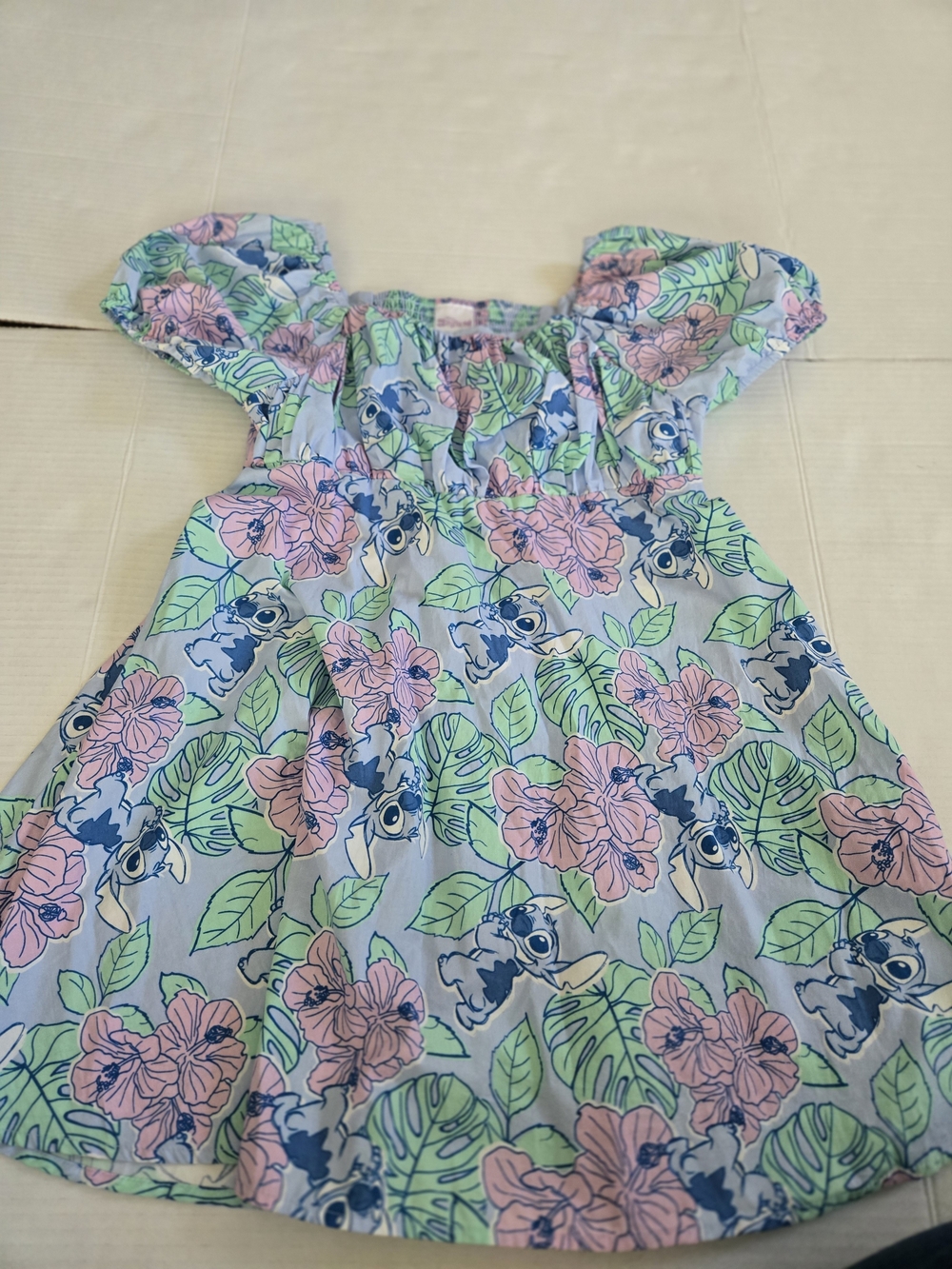 Disney Girls' Blue Dress with Pink Floral & Stitch Print